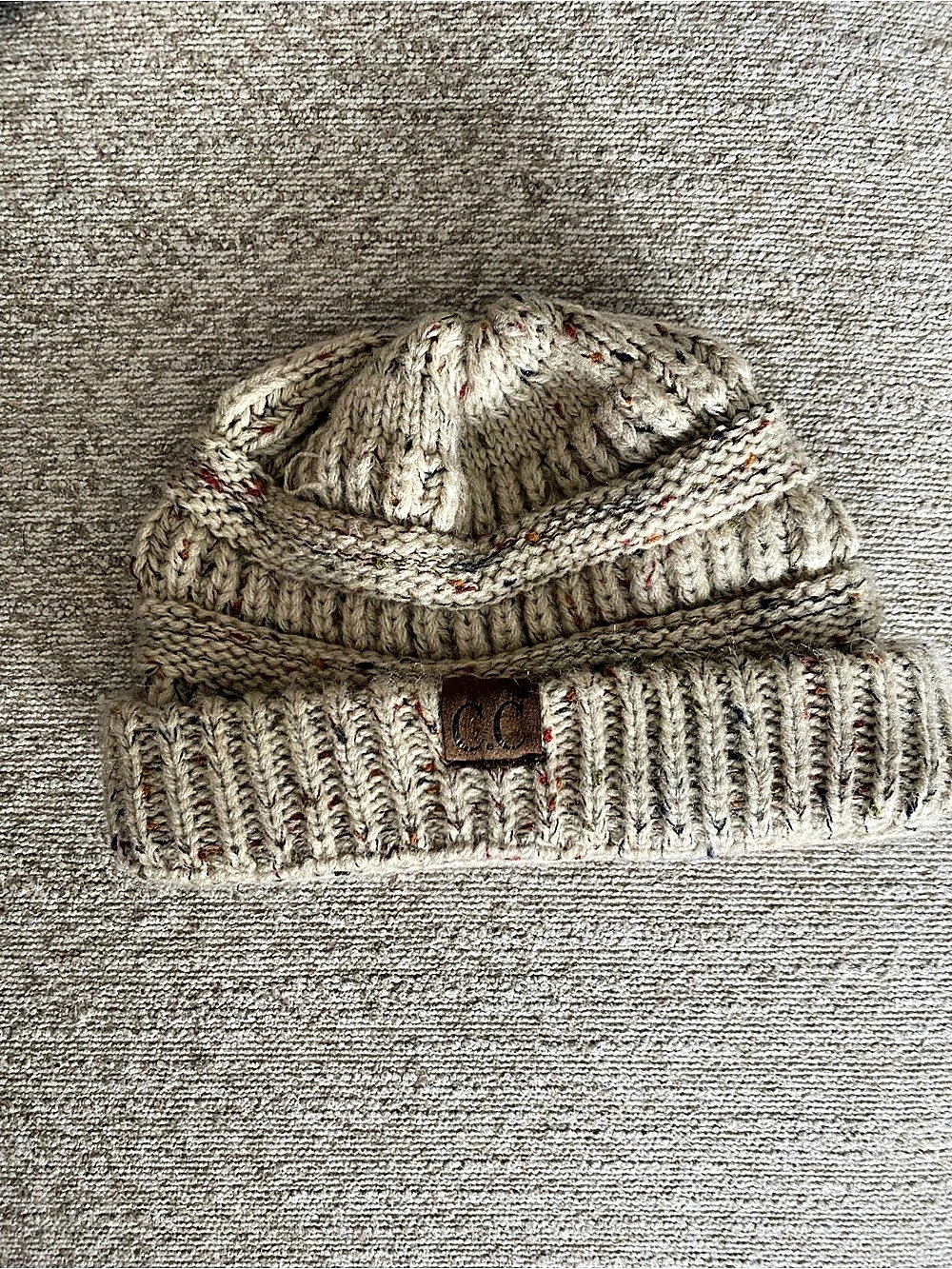 C.C Confetti Knit Beanie in Cream & Gray
